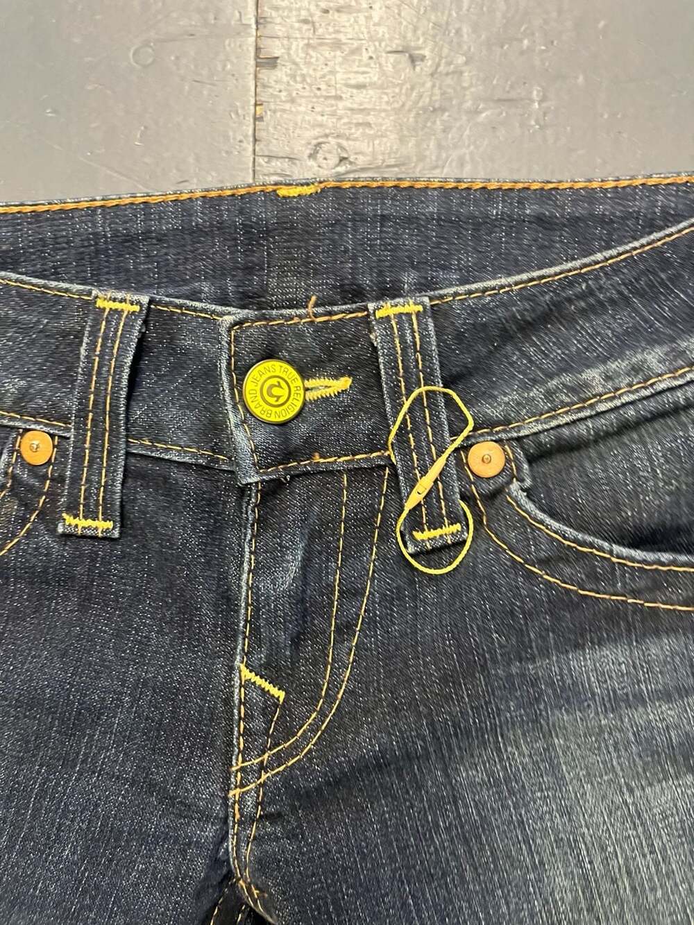 True Religion Women's Dark Wash Flare Jeans with Yellow Stitching, Size 28 - Picture 6 of 11